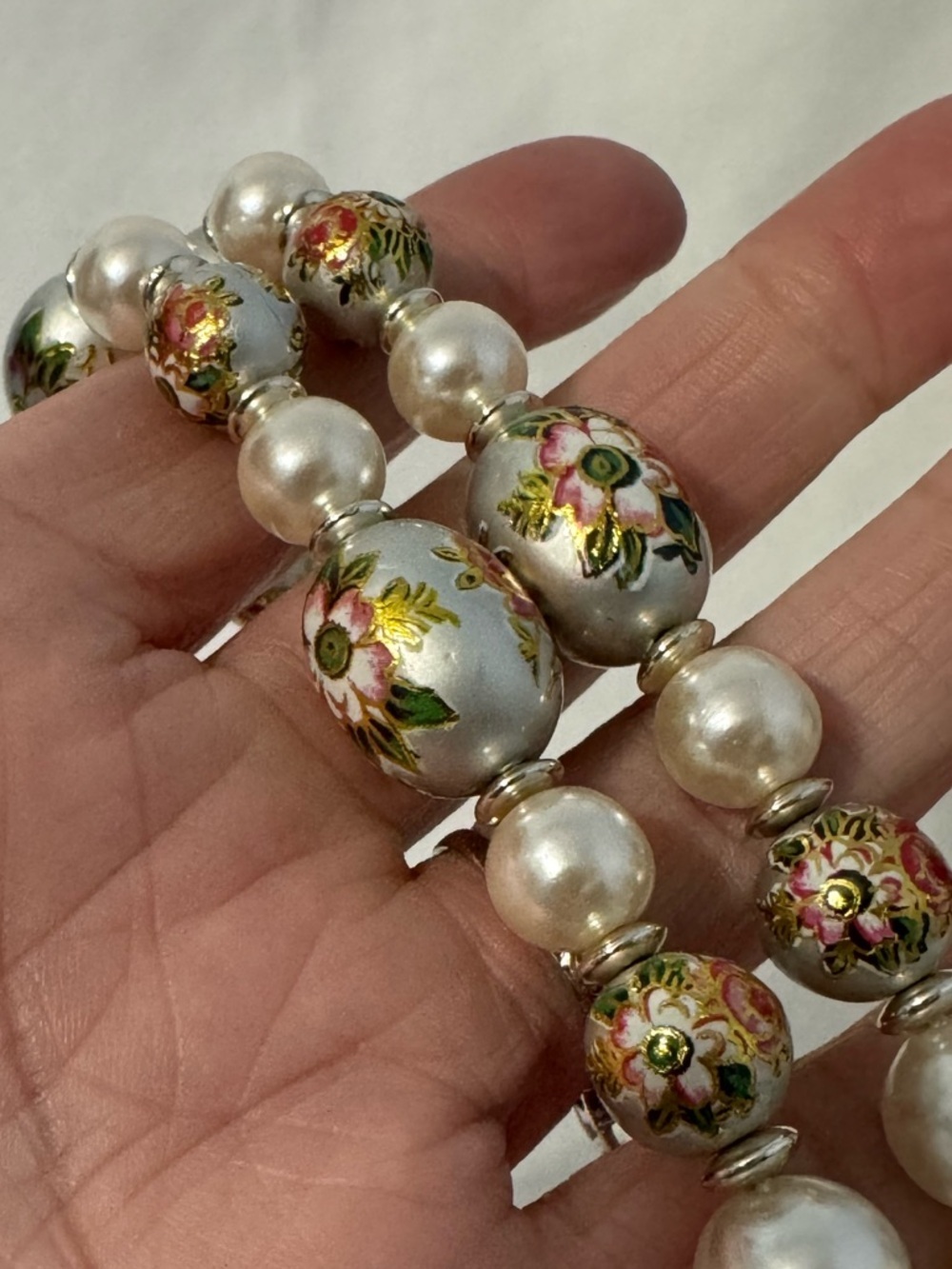 Vintage Faux Pearl Necklace Floral Enamel Beads Statement - Picture 3 of 6